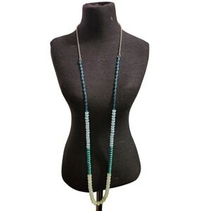 Bohemian Gemstone Beaded‎ Necklace Gradient Blue Green White Stones Silver Clasp